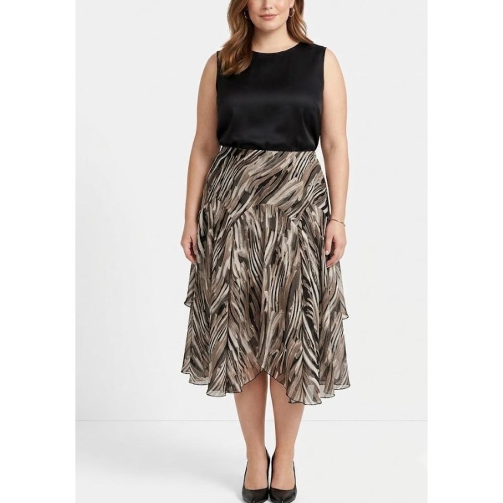 Susan Graver Midi Skirt XL Brown Black Abstract Print Chiffon Handkerchief Hem